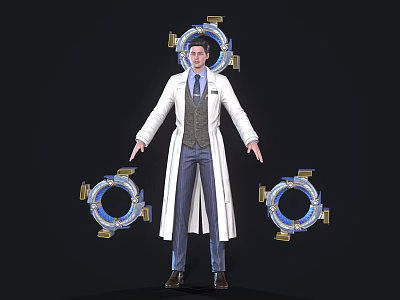 Man In White Long Coat Gray Vest Standing With Blue Circular Devices On Black Background 3d model