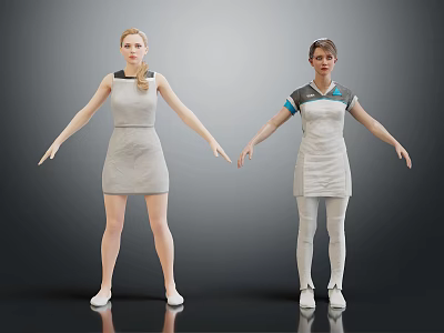 Two Female Characters In Gray Dresses With Outstretched Arms And Different Sleeve Details 3d model