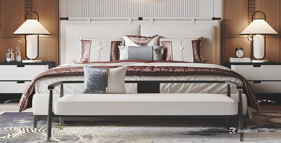Luxurious Modern Double Bed with Soft Pillows Elegant Headboard and White Bench Bedroom Interior 3d model 
