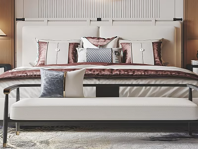 Luxurious Modern Double Bed with Soft Pillows Elegant Headboard and White Bench Bedroom Interior 3d model