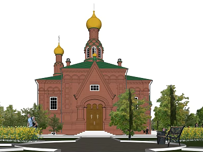 Ancient Red Brick Architecture With Golden Domes Green Roof Arched Doors Trees And Benches 3d model