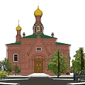 Ancient Red Brick Architecture With Golden Domes Green Roof Arched Doors Trees And Benches
