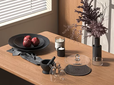 Minimalist Wooden Table Decor With Platter Fruits Mortar Candles Vase 3d model