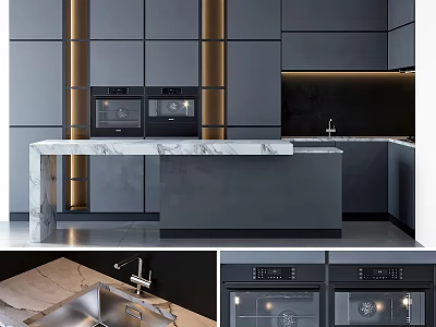 Modern Dark Gray Kitchen Cabinets With Marble Countertop And Built in Ovens 3d model