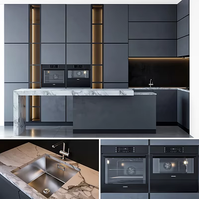 Modern Dark Gray Kitchen Cabinets With Marble Countertop And Built in Ovens 3d model