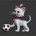 White Kitten With Pink Bow Red Collar And Black White Soccer Ball On Gray Background
