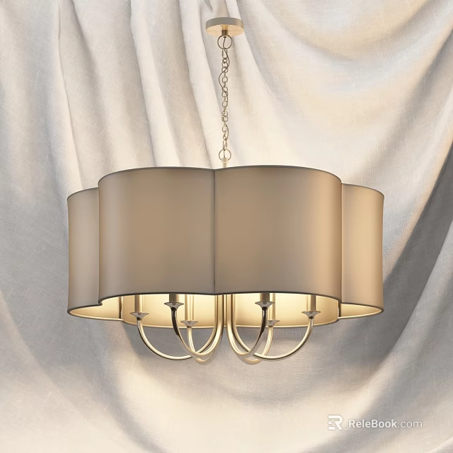 Modern Style Chandelier With Beige Fabric Shades Curved Arms And Metallic Frame In Soft Background 3d model 