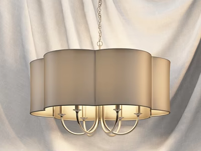 Modern Style Chandelier With Beige Fabric Shades Curved Arms And Metallic Frame In Soft Background 3d model