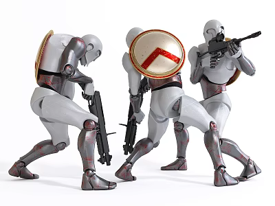 Intelligent Machines Humanoid Robots With Weapons And Shields In Dynamic Action Poses 3d model