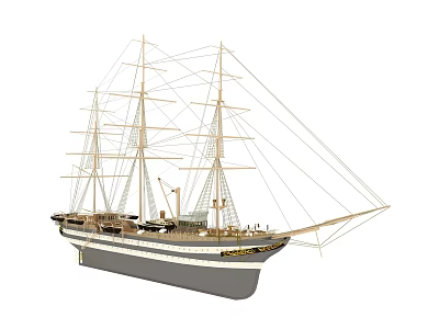 Classic Sailing Ship With Multiple Masts Gray Hull White Stripes And Wooden Rigging 3d model