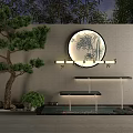 Garden Ornament With Pine Tree Circular Mirror Bamboo Pattern Water Steps And Stone Wall 3d model