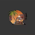 Off Road Vehicle Exploring Desert Scene With Palm Trees And Sunset Tent