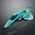 Futuristic Turquoise Craft With Yellow White Stripes And Streamlined Geometric Patterns 3d model