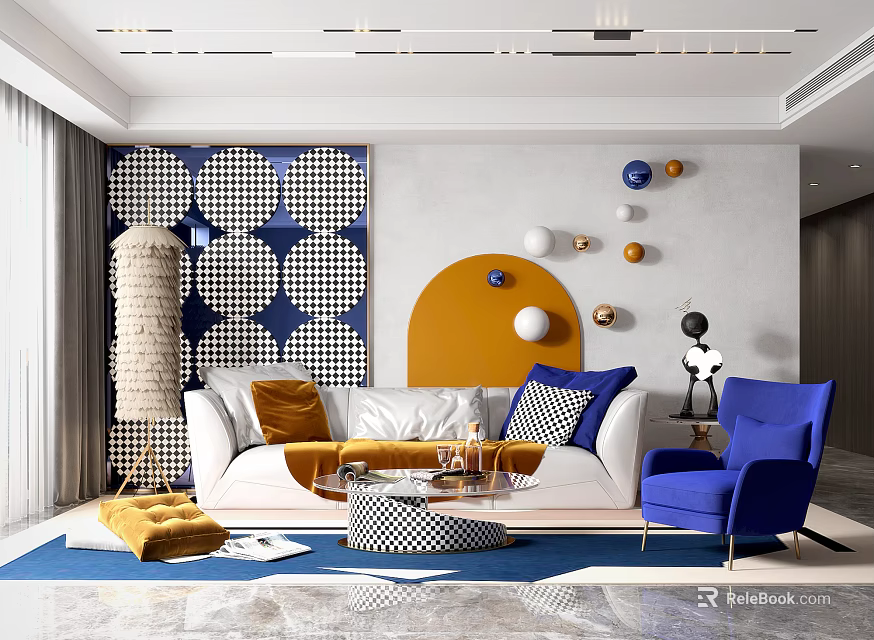Modern Living Room Interior With White Sofa Blue Chair Geometric Wall Decor And Area Rug 3d model 