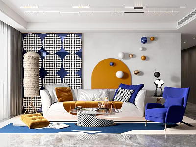Modern Living Room Interior With White Sofa Blue Chair Geometric Wall Decor And Area Rug 3d model