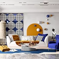 Modern Living Room Interior With White Sofa Blue Chair Geometric Wall Decor And Area Rug