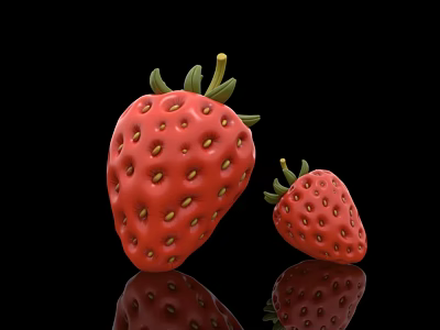 Large And Small Red Inflatable Strawberry With Green Leaves On Black Background 3d model