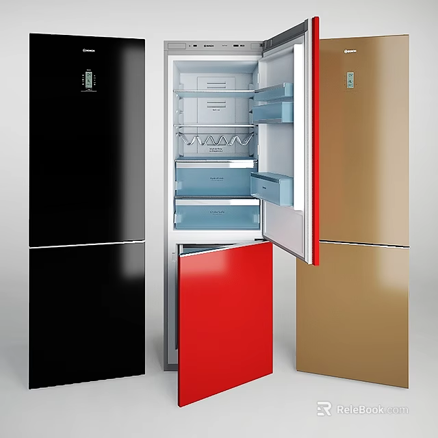 Black Red And Gold Refrigerators With Open Doors And Internal Storage Compartments 3d model 