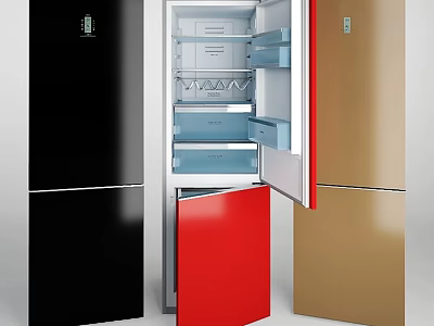Black Red And Gold Refrigerators With Open Doors And Internal Storage Compartments 3d model