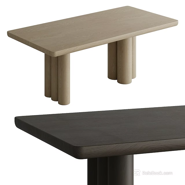 Modern Wooden Dining Tables with Light and Dark Wood Tones and Cylindrical Leg Design 3d model 