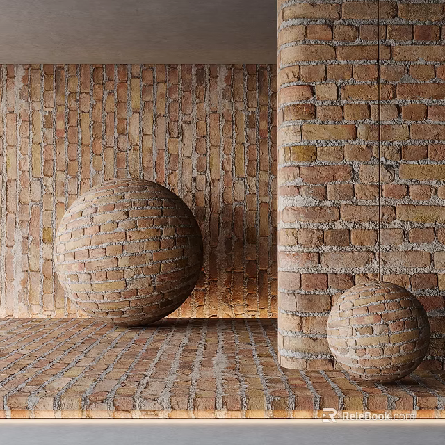 Brick Wall Interior With Decorative Brick Spheres 3d model