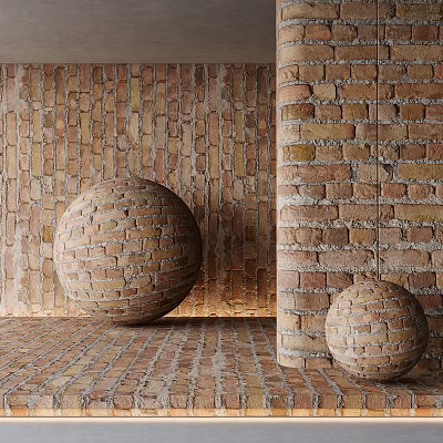 Brick Wall Interior With Decorative Brick Spheres 3d model
