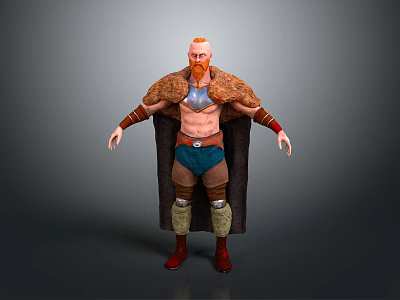 Red Haired Bearded Muscular Warrior With Fur Vest Blue Shorts Knee Pads And Red Boots 3d model
