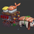 Adorable Sushi Themed Cart With Sushi Dog Decor And Wooden Stools