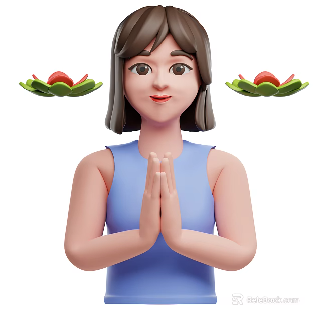 Woman With Praying Hands In Blue Sleeveless Top And Lotus Decorations With Red Fruits 3d model 