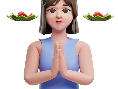 Woman With Praying Hands In Blue Sleeveless Top And Lotus Decorations With Red Fruits 3d model