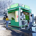 Green Container Tea Shop Structure With Cherry Blossom Trees And Customers In Urban Area