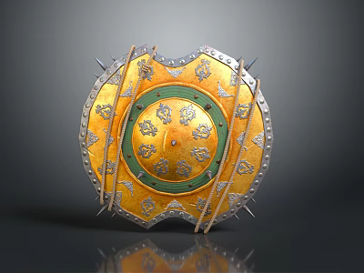 Ornate Golden Shield with Green Center Decorative Patterns Riveted Edges and Spikes 3d model