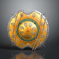 Ornate Golden Shield with Green Center Decorative Patterns Riveted Edges and Spikes