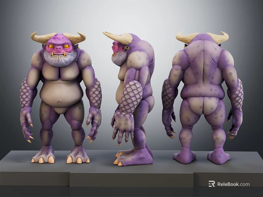 Purple Horned Creature with Bulging Belly and Scaly Arms in Three Views on Display Stand 3d model 