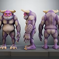 Purple Horned Creature with Bulging Belly and Scaly Arms in Three Views on Display Stand