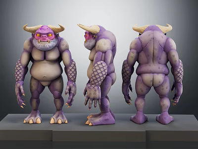 Purple Horned Creature with Bulging Belly and Scaly Arms in Three Views on Display Stand 3d model