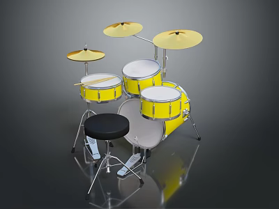 Yellow Drum Set With Cymbals Drum Stool And Drumsticks For Home Use 3d model