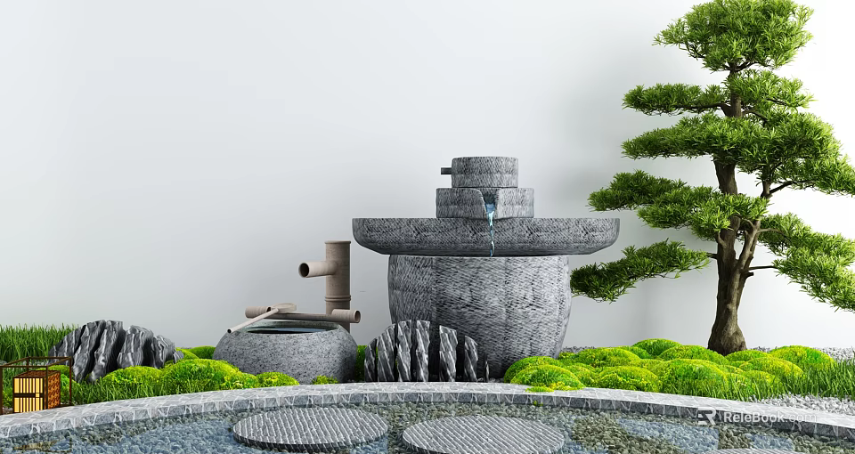 Serene Karesansui Garden With Stone Water Basin Pine Tree Green Moss And Stepping Stones 3d model 