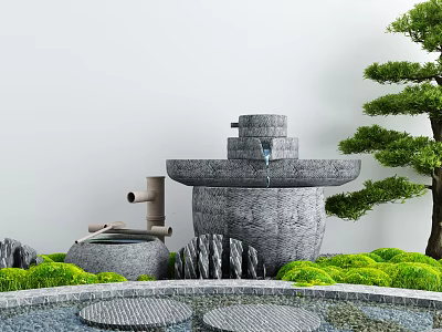 Serene Karesansui Garden With Stone Water Basin Pine Tree Green Moss And Stepping Stones 3d model