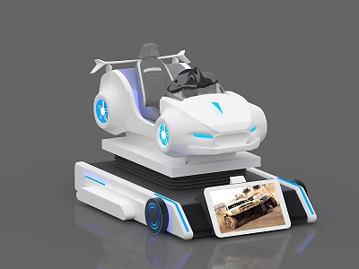 Modern White Racing Simulator With Blue Lights Base And Vehicle Screen 3d model