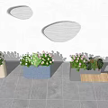 White Blue Gray Flower Planters With Green Plants On Concrete Floor And Minimalist Wall