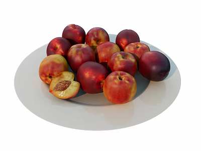 Fresh Ripe Nectarines on a White Plate with Sliced One Showing Juicy Flesh 3d model