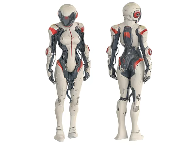 Futuristic Female Robot Design With White And Red Mechanical Armor And Detailed Body Structure 3d model