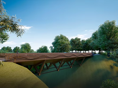 Scenic Wooden Landscape Bridge Surrounded by Green Trees and Lush Grass Under Clear Blue Sky 3d model