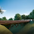 Scenic Wooden Landscape Bridge Surrounded by Green Trees and Lush Grass Under Clear Blue Sky