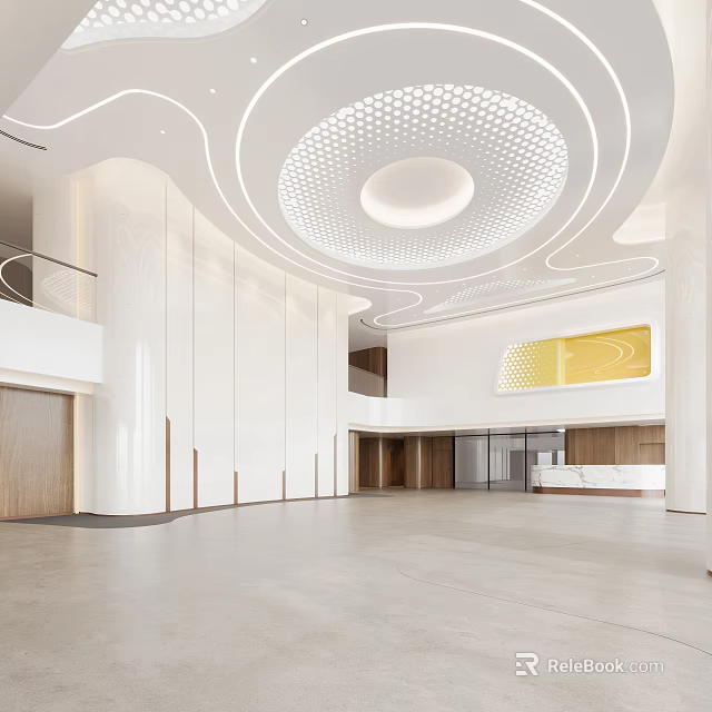 Modern Front Desk Reception Lobby With Open Design White Marble Wooden Accents And Circular Ceiling 3d model 