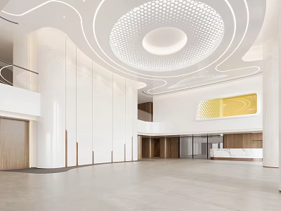 Modern Front Desk Reception Lobby With Open Design White Marble Wooden Accents And Circular Ceiling 3d model