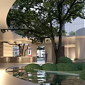 Modern High Rise Building Garden Landscape With Trees Lawn Water Feature And Entrance