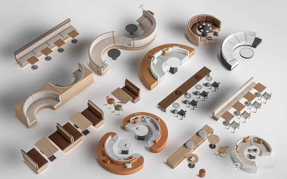 Modern Casual Sofa Sets With Curved Shapes Wooden Frames And Coffee Tables 3d model 
