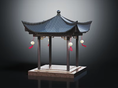 Chinese Traditional Pavilion With Black Curved Roof Hanging Red Tassel Lanterns And Stone Base 3d model